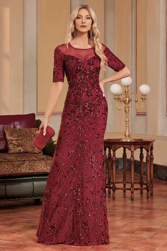 Weitese Dress Burgundy Mermaid Round Neck Short Sleeves Party Dress Maxi Dress With Sequins Prom Dress